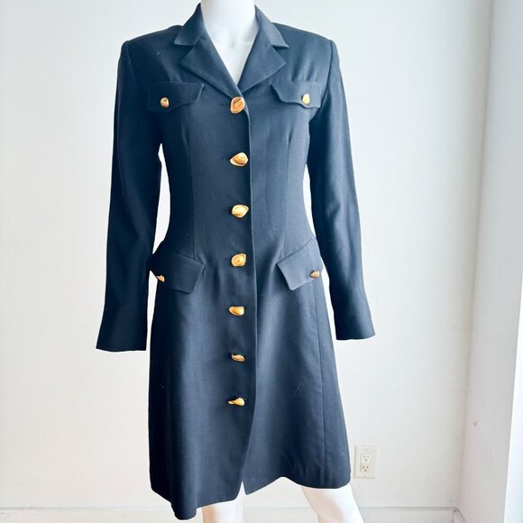 Vintage Holt Renfrew Pure New Wool Black Gold Button Office Dress 4 - Picture 2 of 6